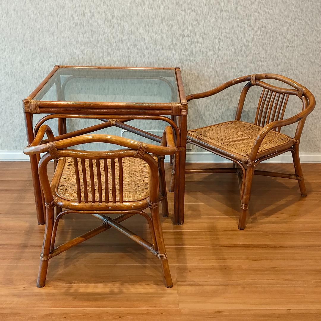 ビンテージラタン　ダイニングテーブルセット　ガラステーブル　椅子2脚付き