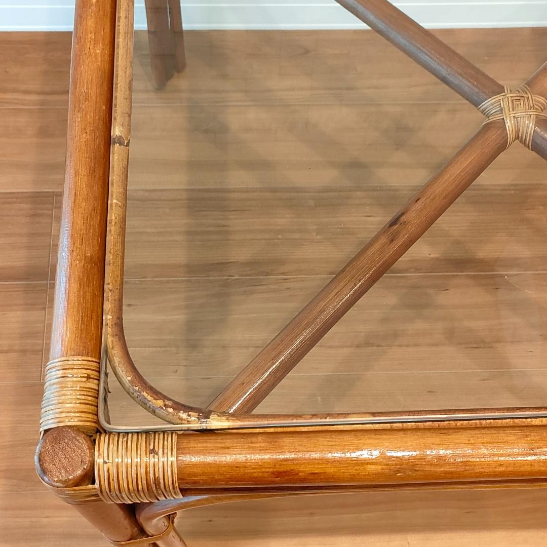 ビンテージラタン　ダイニングテーブルセット　ガラステーブル　椅子2脚付き