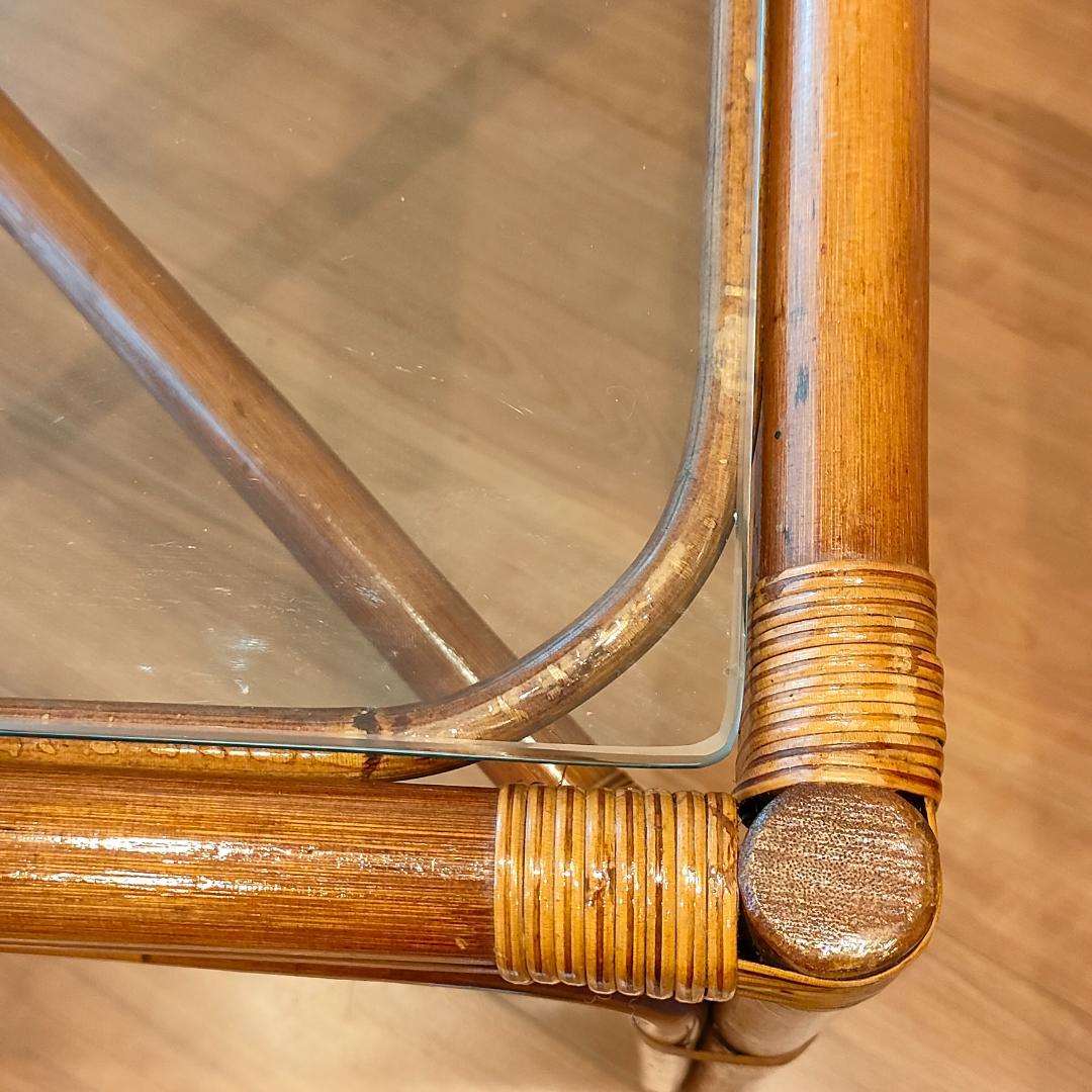 ビンテージラタン　ダイニングテーブルセット　ガラステーブル　椅子2脚付き