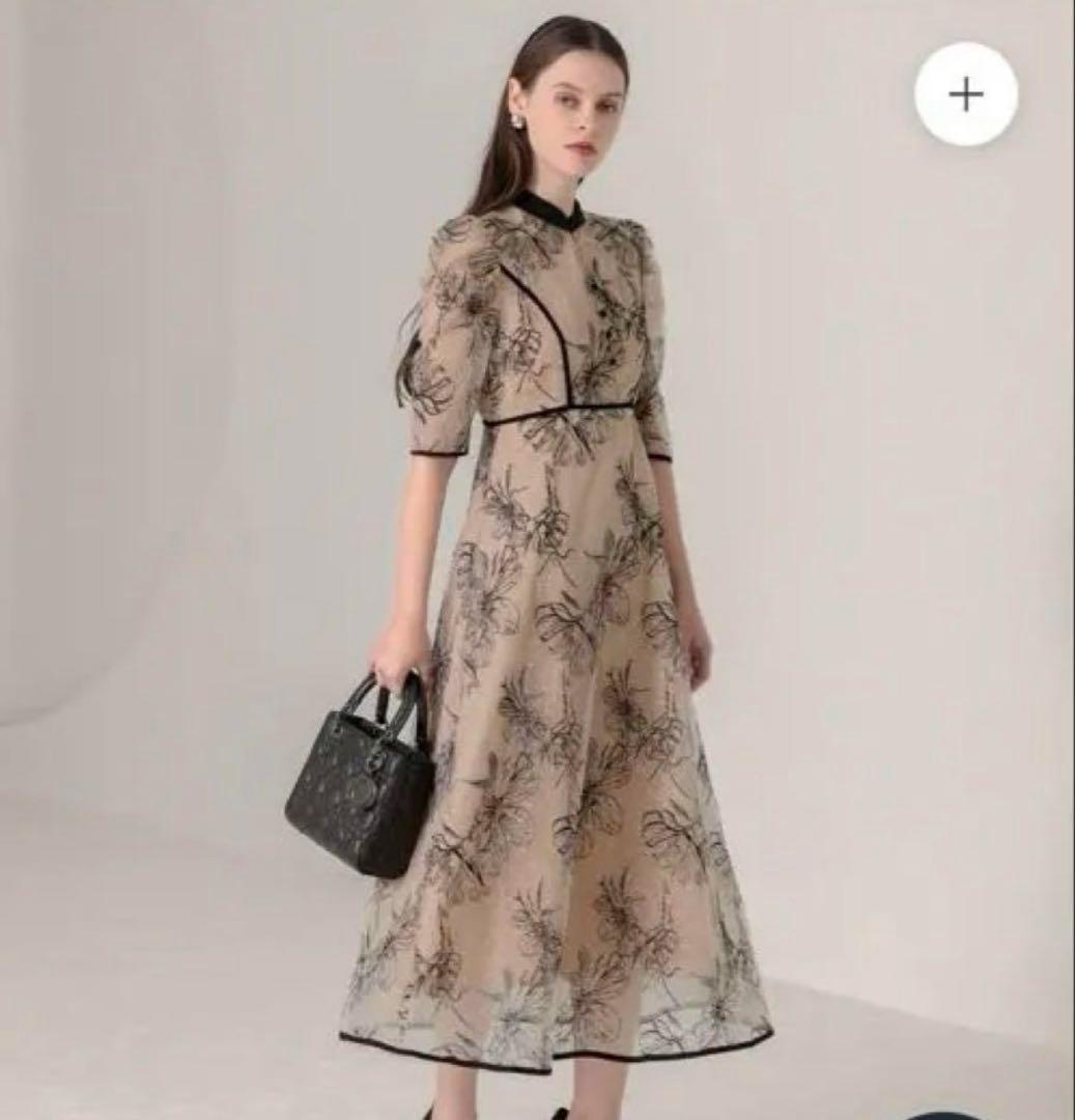 Leja パイピングハイネック花柄ラメレースワンピースドレス