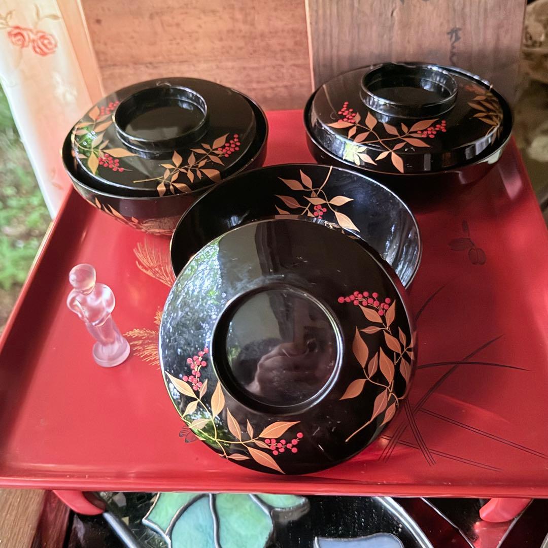 2192様感謝‼️JAPAN赤い実の南天蒔絵　明治32年‼️高台のない吸物椀 5客