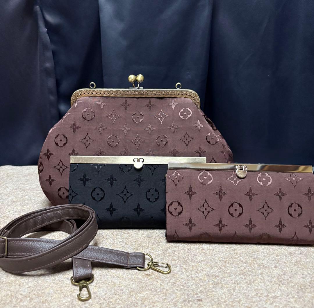 よっち様 ビスコース生地 がま口ショルダーバッグ ブラウン がま口長財布 2点