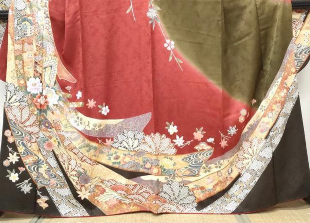 振袖フルセット6点M〜Lサイズ御所車花文　正絹　売り切り終了