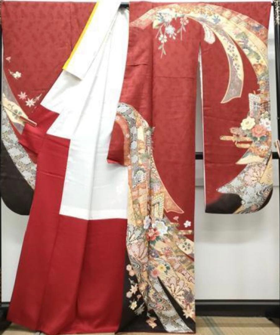 振袖フルセット6点M〜Lサイズ御所車花文　正絹　売り切り終了