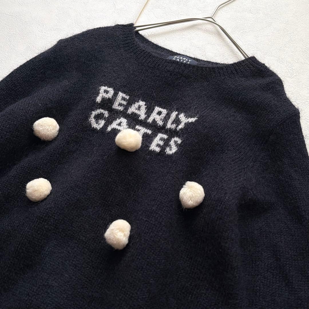 PEARLY GATES モヘア ニット セーター ロゴ刺繍 ポンポン 黒