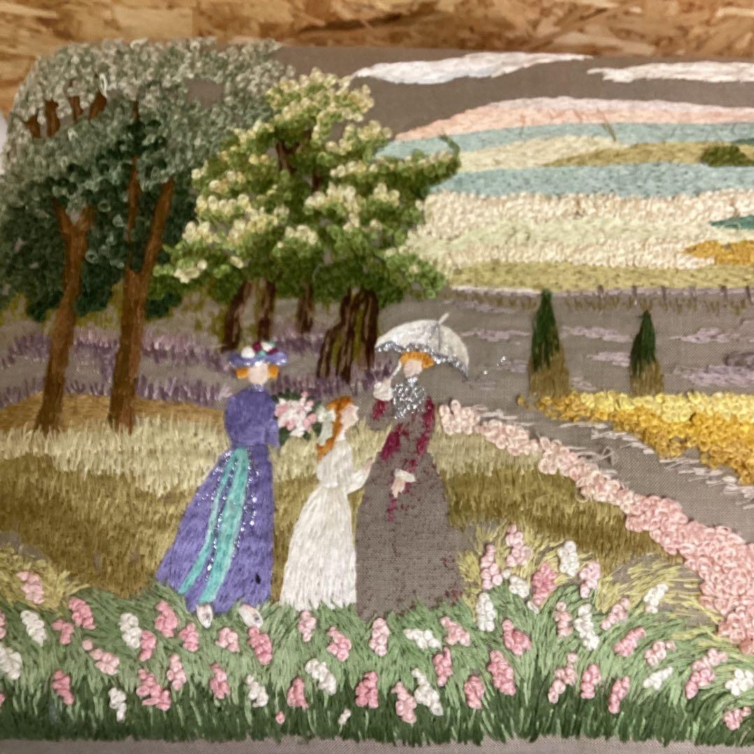 刺繍付き　アンティーク　ブラウン　猫足　スツール　刺繍　椅子　レトロ（I-22）