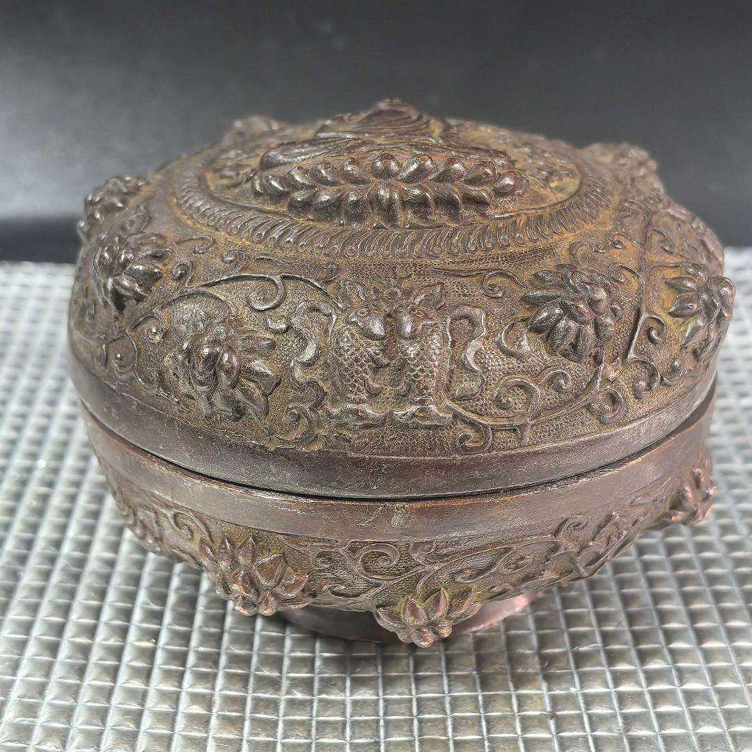 銅製 仏像 彫刻印泥盒 インク盒 アクセサリー盒 文房具 書道具 装飾品 置物