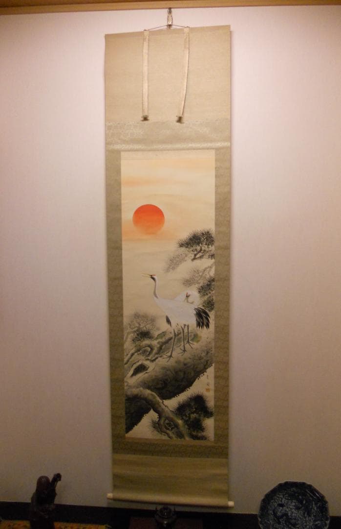 掛け軸 梅津春圃 老松双鶴 絹本 希少 軸装 茶道具 掛軸 美品 です。