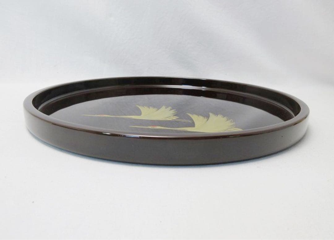 ほぼ未使用 懐石道具 越前塗 天然木製 溜塗 鶴蒔絵 丸膳4客揃 元箱