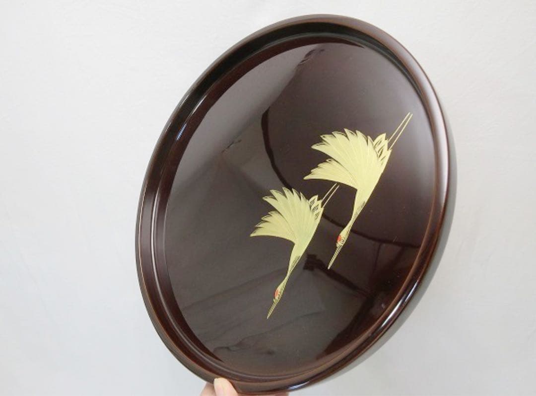 ほぼ未使用 懐石道具 越前塗 天然木製 溜塗 鶴蒔絵 丸膳4客揃 元箱