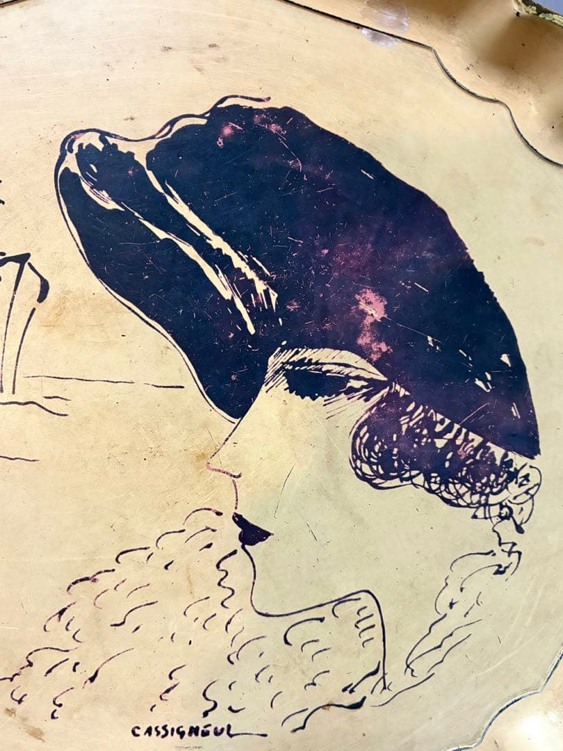 【shinobu】アンティークトレイ50年代　船と女性　金属製　横浜