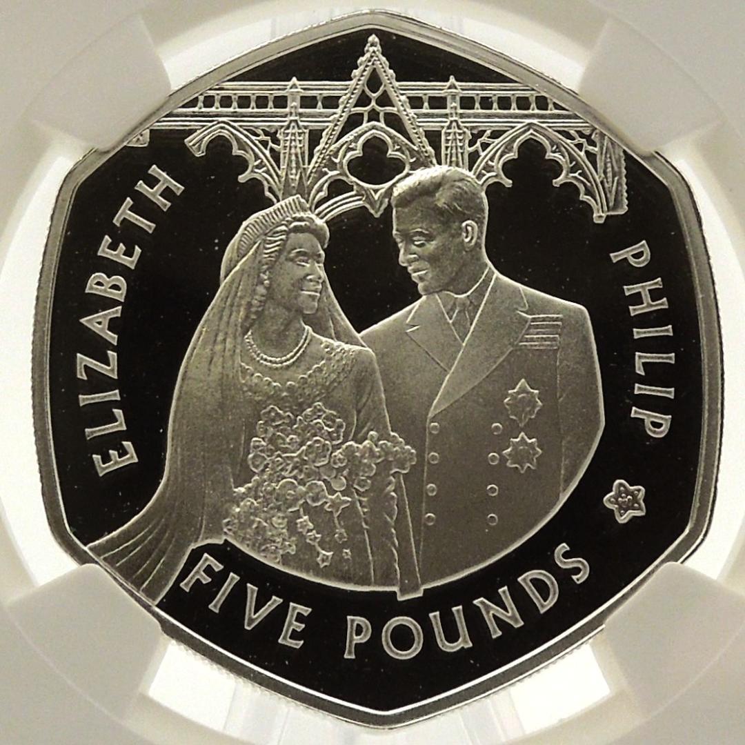 2007年 エリザベス女王結婚60周年 5ポンド 銀貨 NGC PF68UC
