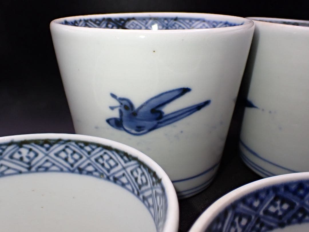 ５客完品⑦　古伊万里　手杓と手水鉢に鳥の図　そば猪口　江戸後期
