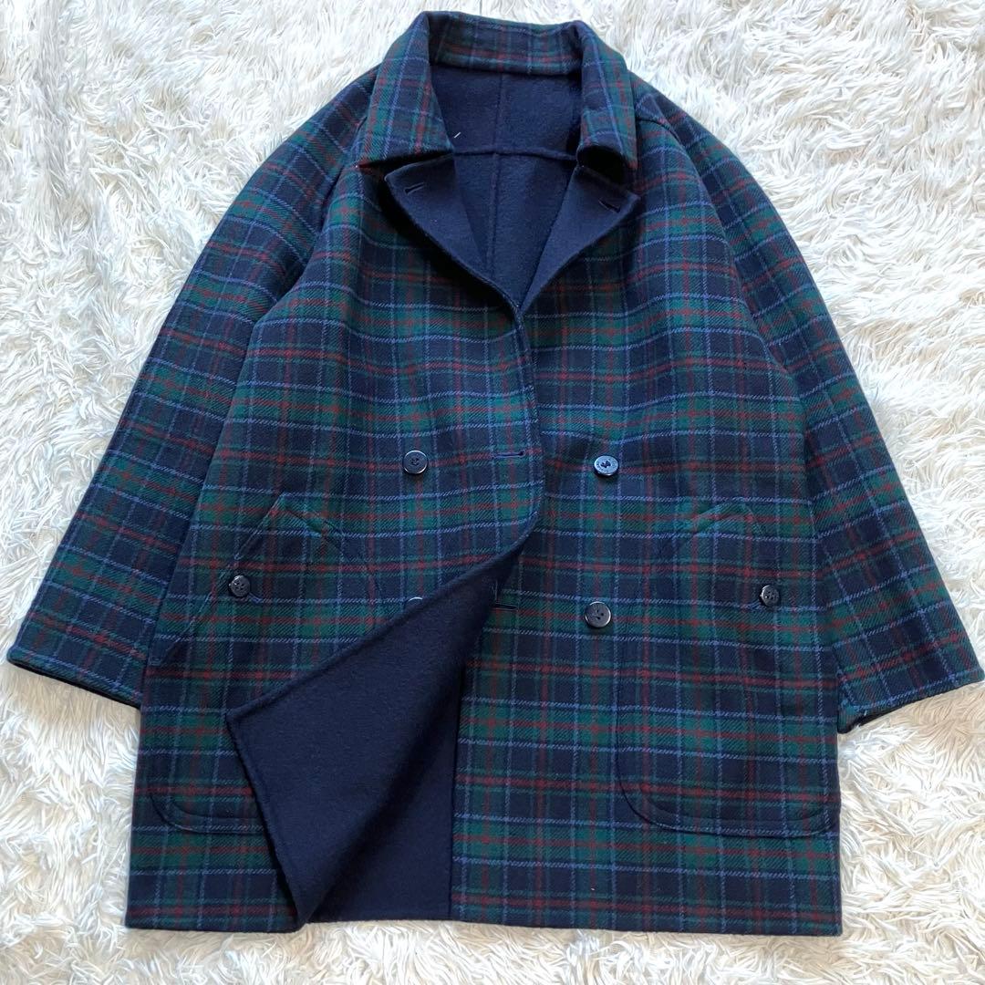 DAKS ダックス リバーシブルコート ダブル チェック ネイビー ミドル丈