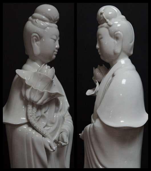徳化窯 細工彫り『蓮上白磁観音様』 仏教美術 高さ40.5cm