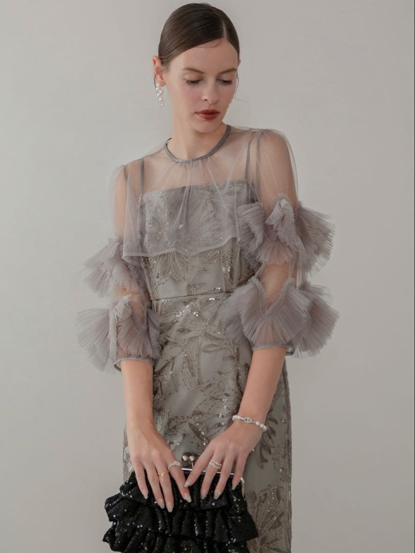 フラワースパンコールチュールフリルスリーブIラインワンピースドレス結婚式二次会