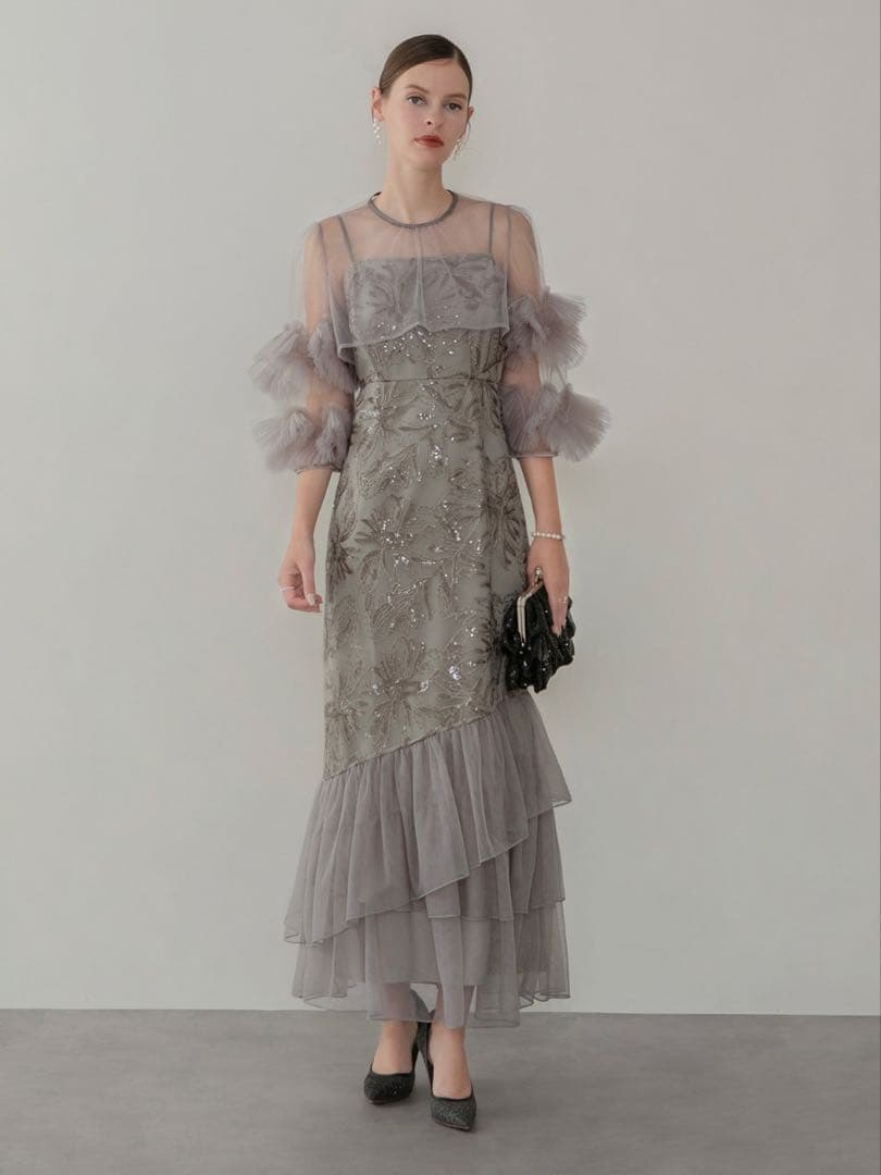 フラワースパンコールチュールフリルスリーブIラインワンピースドレス結婚式二次会