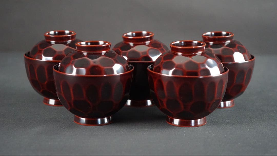 輪島塗 渦蒔絵 亀甲形 吸物椀 5客 共箱 未使用 美品