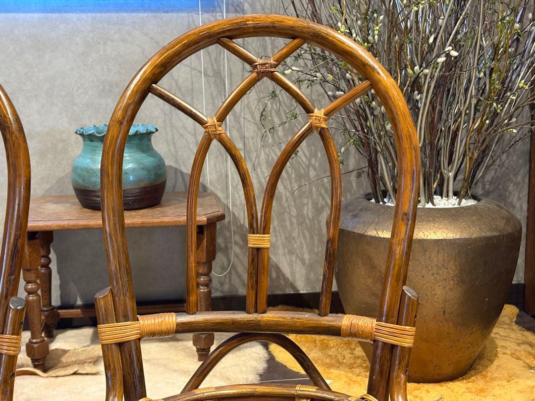 ラタン 籐家具 丸テーブル ダイニングチェア 台湾製 曲木 ビンテージ IG
