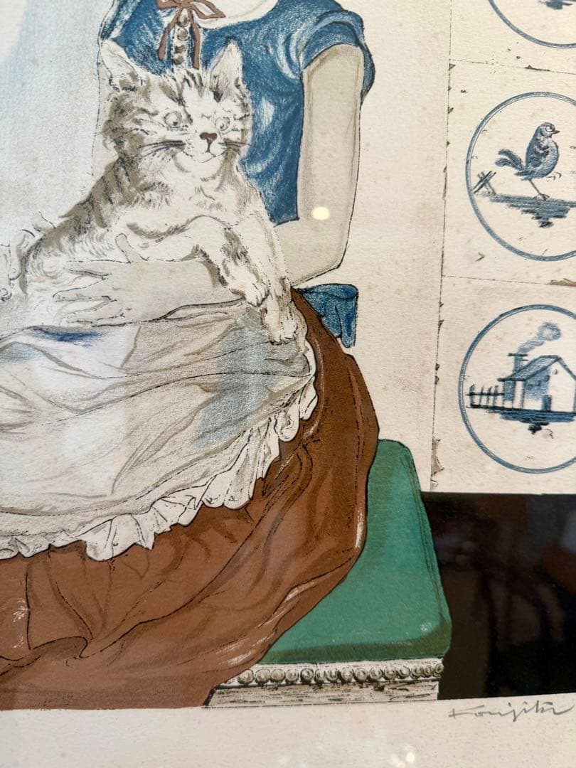 藤田嗣治Tsuguharu Foujita 猫を抱く少女 版画 額装#202-1