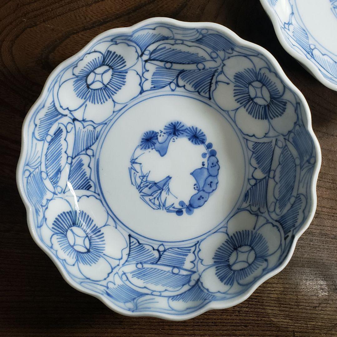 染付 なます皿 江戸 古伊万里 牡丹 松竹梅 窯印 線描 訳あり ニュウ 二枚