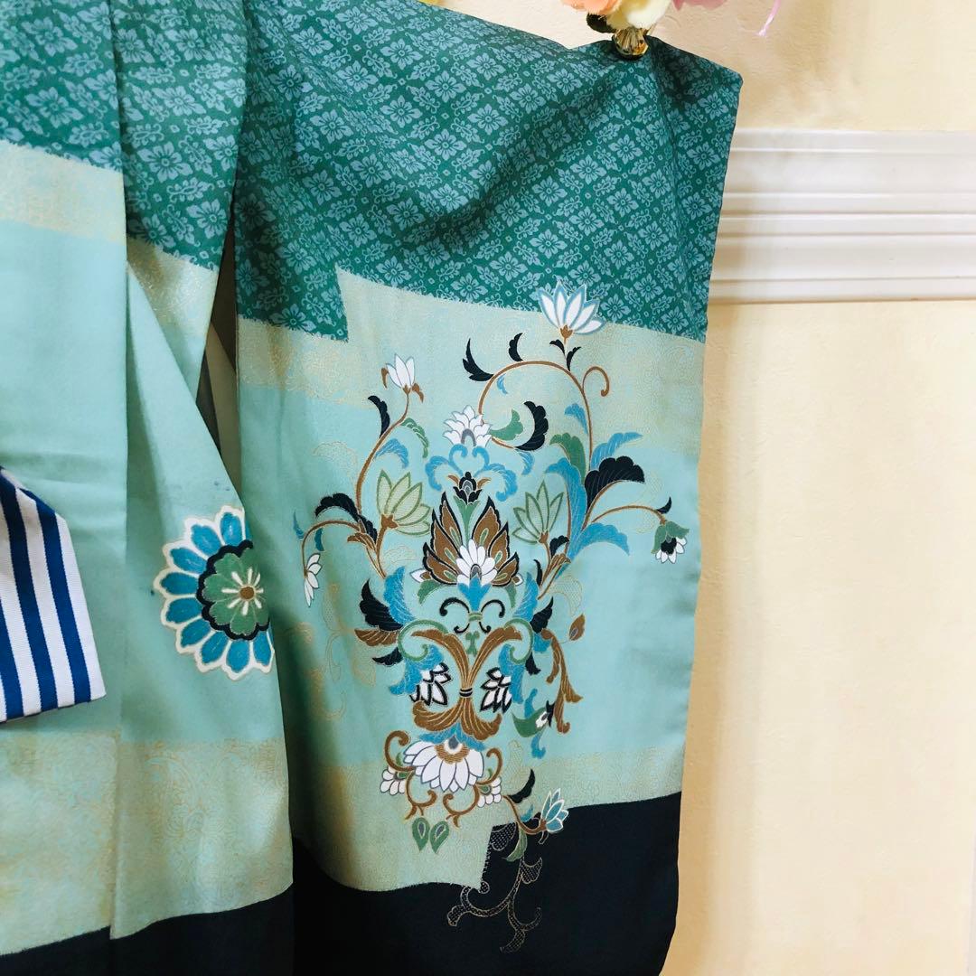 七五三 五歳‼️グリーン系に鷹金彩煌びやか‼️袴未使用しつけ糸付き‼️完全フルセット‼️