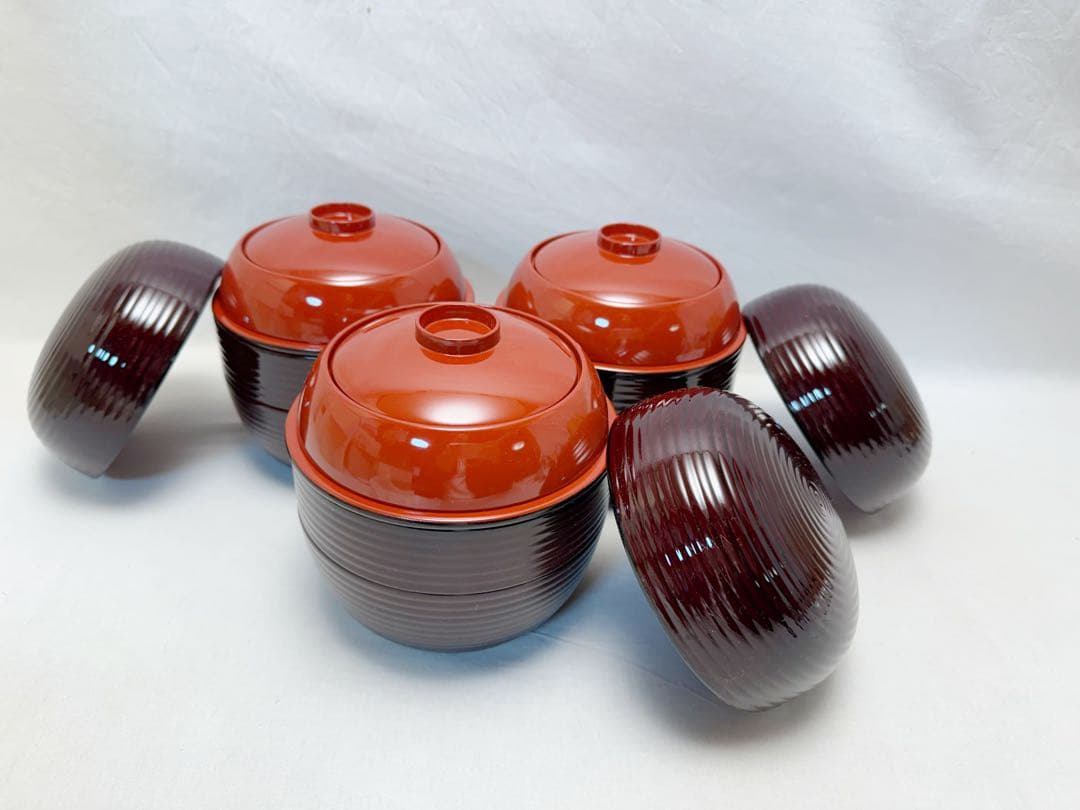 ほぼ未使用 茶道具 溜塗 内朱 信玄弁当 三段弁当箱 千筋 内朱 三客 紙箱