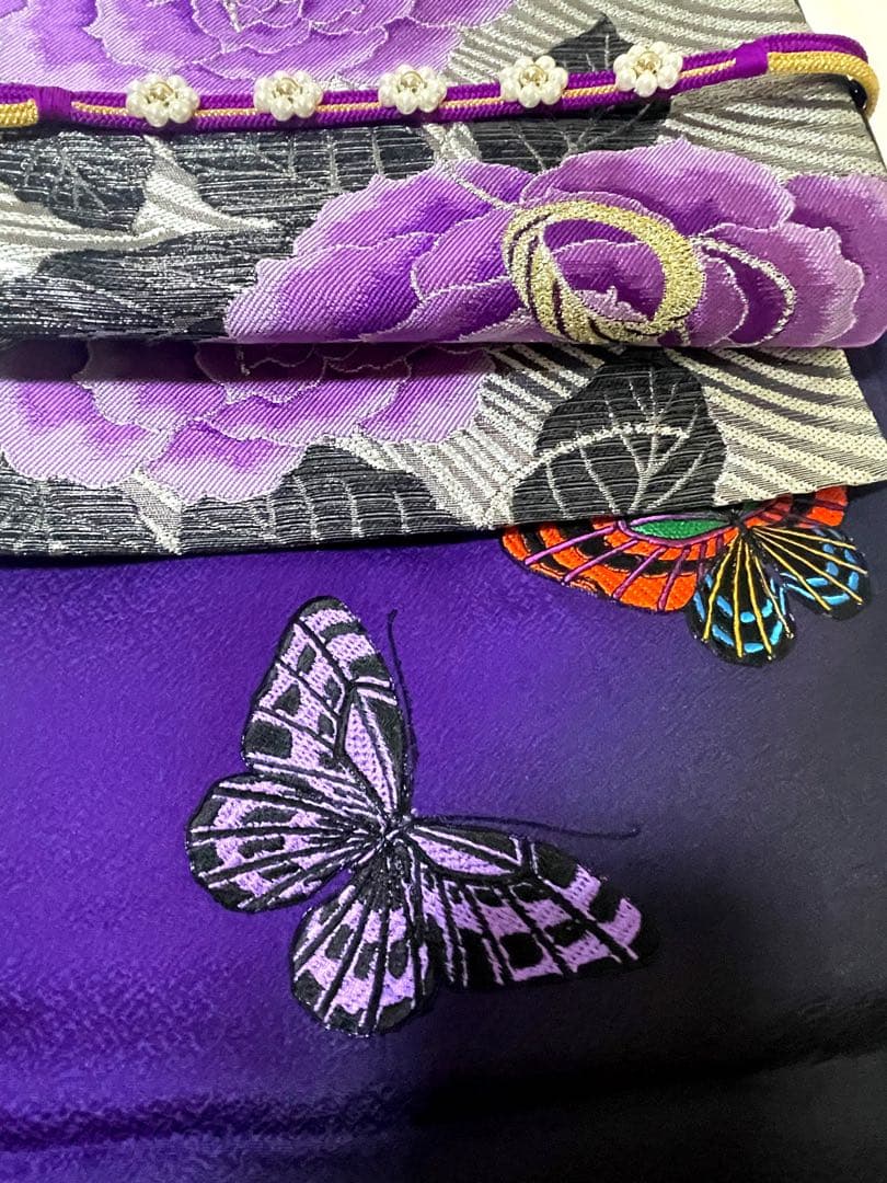 蝶の振袖セット （振袖+長襦袢+袋帯+帯締め+帯揚げ）裄68