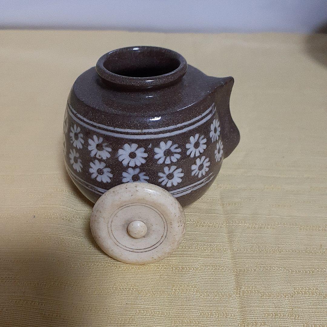 油滴茶入れ花模様のブラウン陶器 茶道具