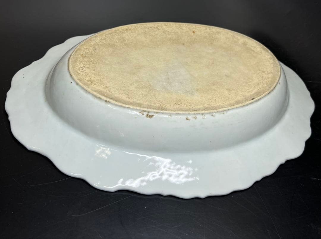 中国清朝時代　新渡青花オーバル皿　木箱付　幅約42.5㎝　東Y7-1024☆2F