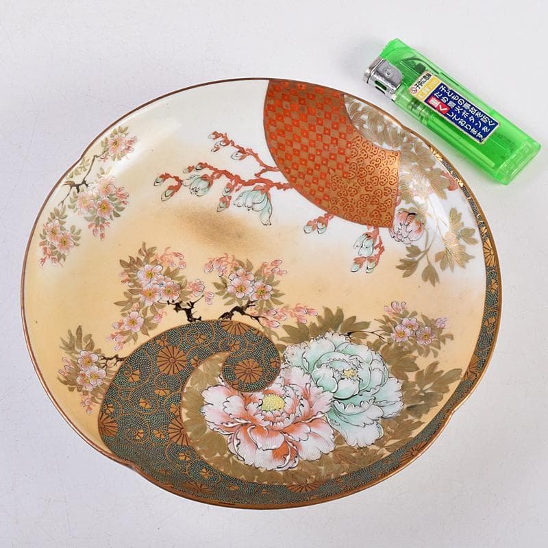 九谷焼　古九谷　色絵青粒金彩　桜牡丹文　飾皿　V　R8914