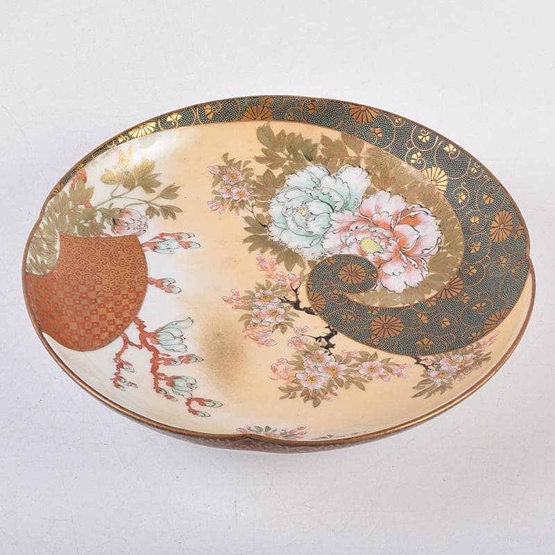 九谷焼　古九谷　色絵青粒金彩　桜牡丹文　飾皿　V　R8914