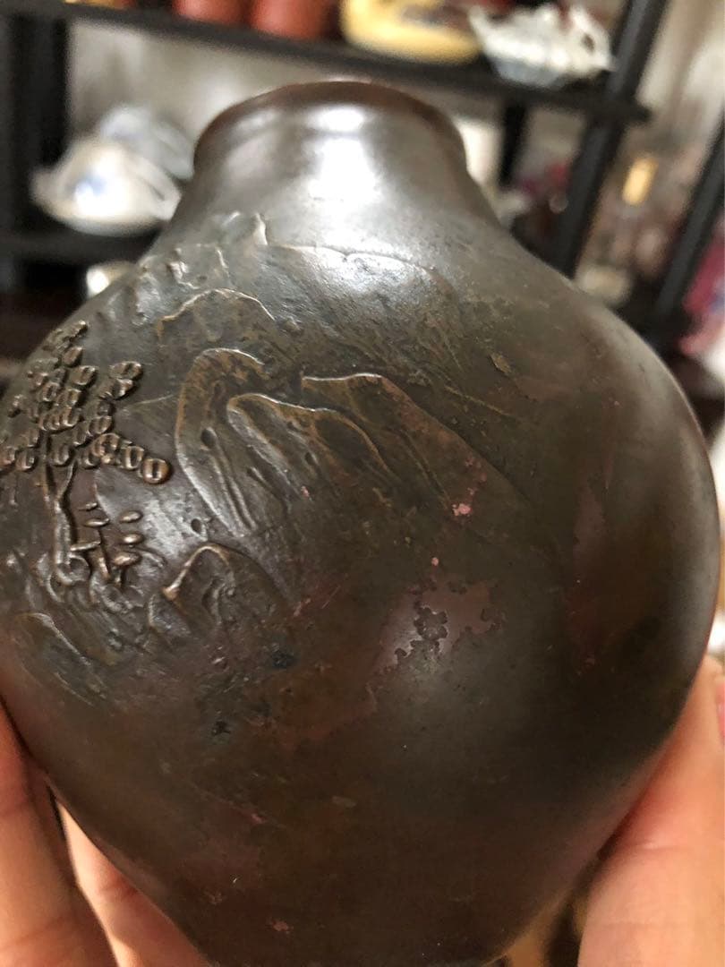 晴雲銅製 山水画 花瓶