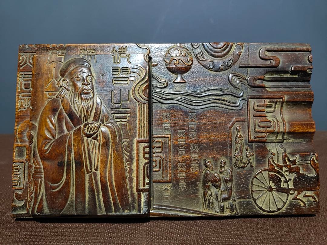 珍品　文房具　硯　希少老花梨木製・孔子手彫り硯台 文房四宝 書斎用高級インテリア