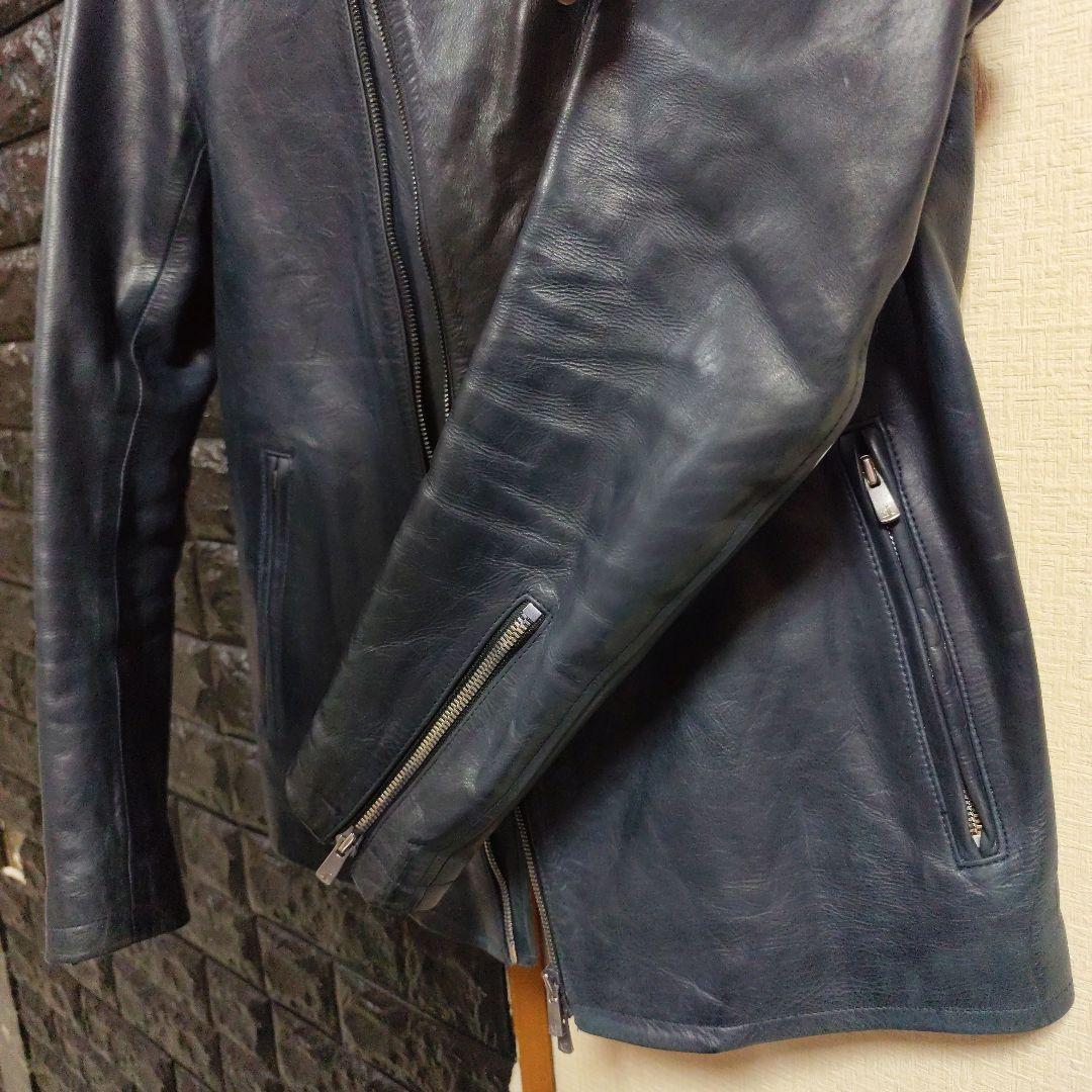 ノーアイディー　希少色ダークブルー本革（牛革）ダブルブレストライダースジャケット