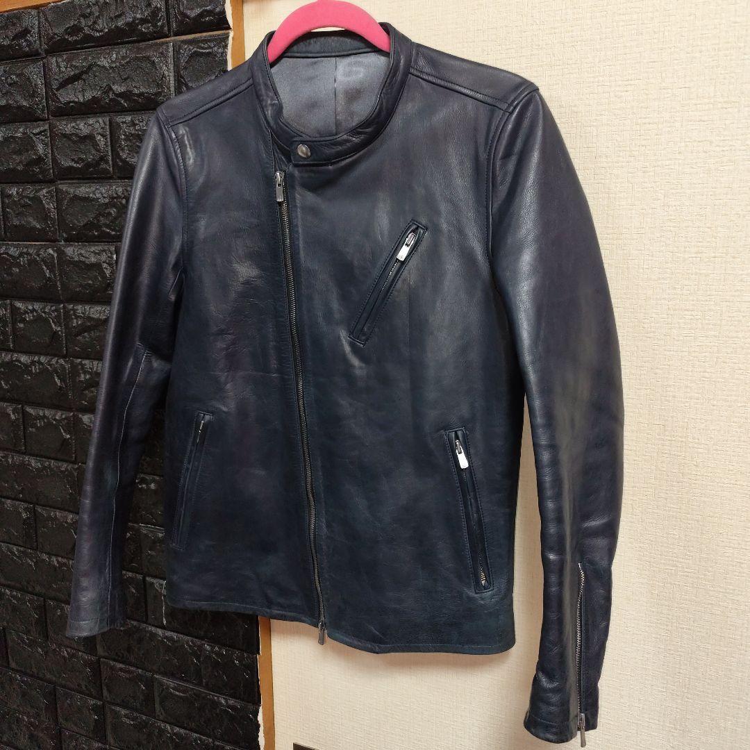 ノーアイディー　希少色ダークブルー本革（牛革）ダブルブレストライダースジャケット