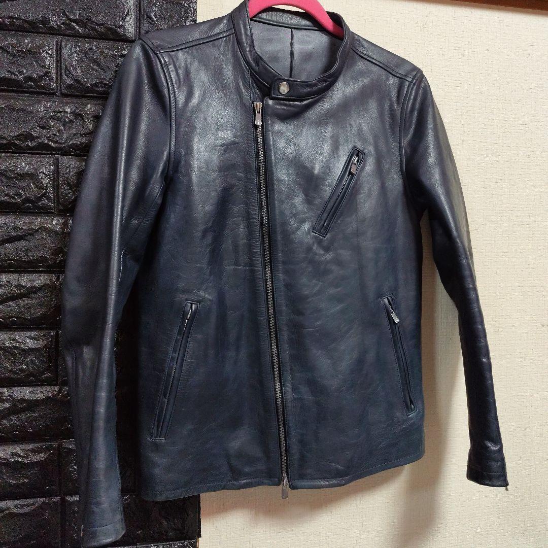 ノーアイディー　希少色ダークブルー本革（牛革）ダブルブレストライダースジャケット
