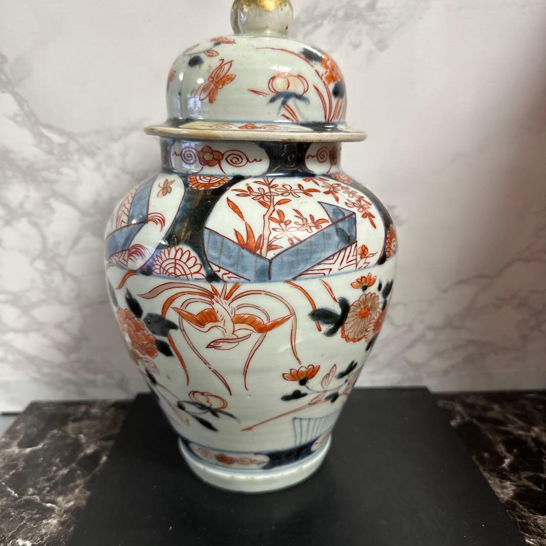 江戸元禄、古伊万里、金彩、色絵沈香壺、箱付き。