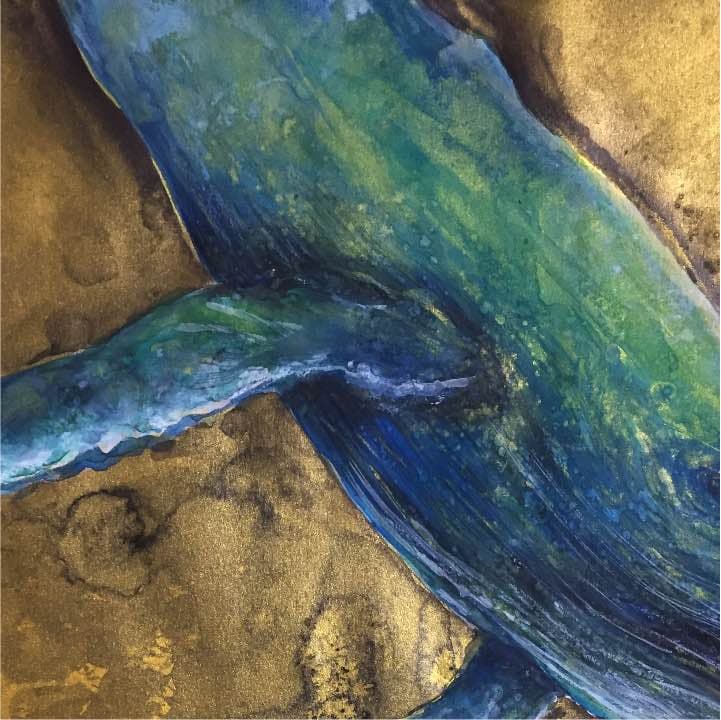 黄金の海を泳ぐクジラ、ゴールド色の画用紙、25,5cm×36,5cm