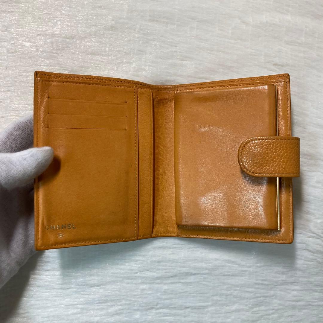 希少　美品　CHANEL シャネル　二つ折り　がま口　キャビアスキン　箱　黄色