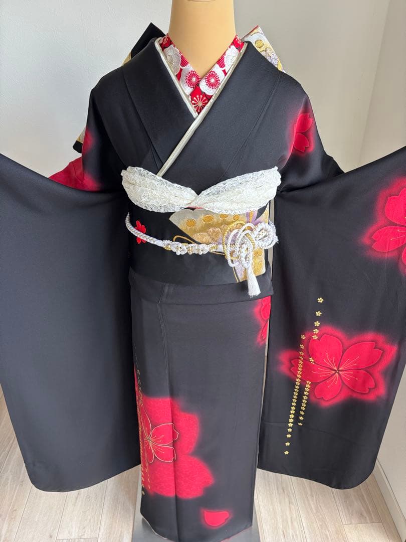 あああ 振袖フルセット　成人式　正絹振袖　袋帯　黒赤系　クリーニング済み