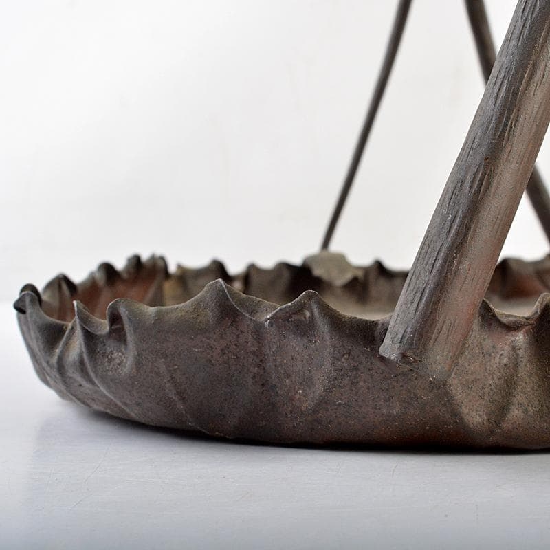 時代金工　古銅鎚出　蓮葉　持手菓子器　F　R5996B