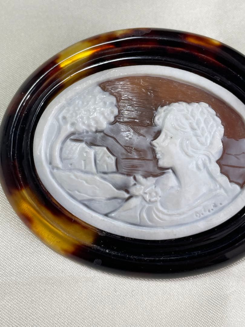 カメオ 鼈甲 ヴィンテージ ストーンカメオ ブローチ