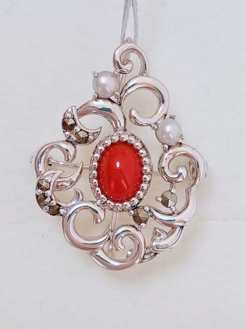 未使用品 碌山 赤珊瑚 シルバー ブローチ 兼 ペンダント