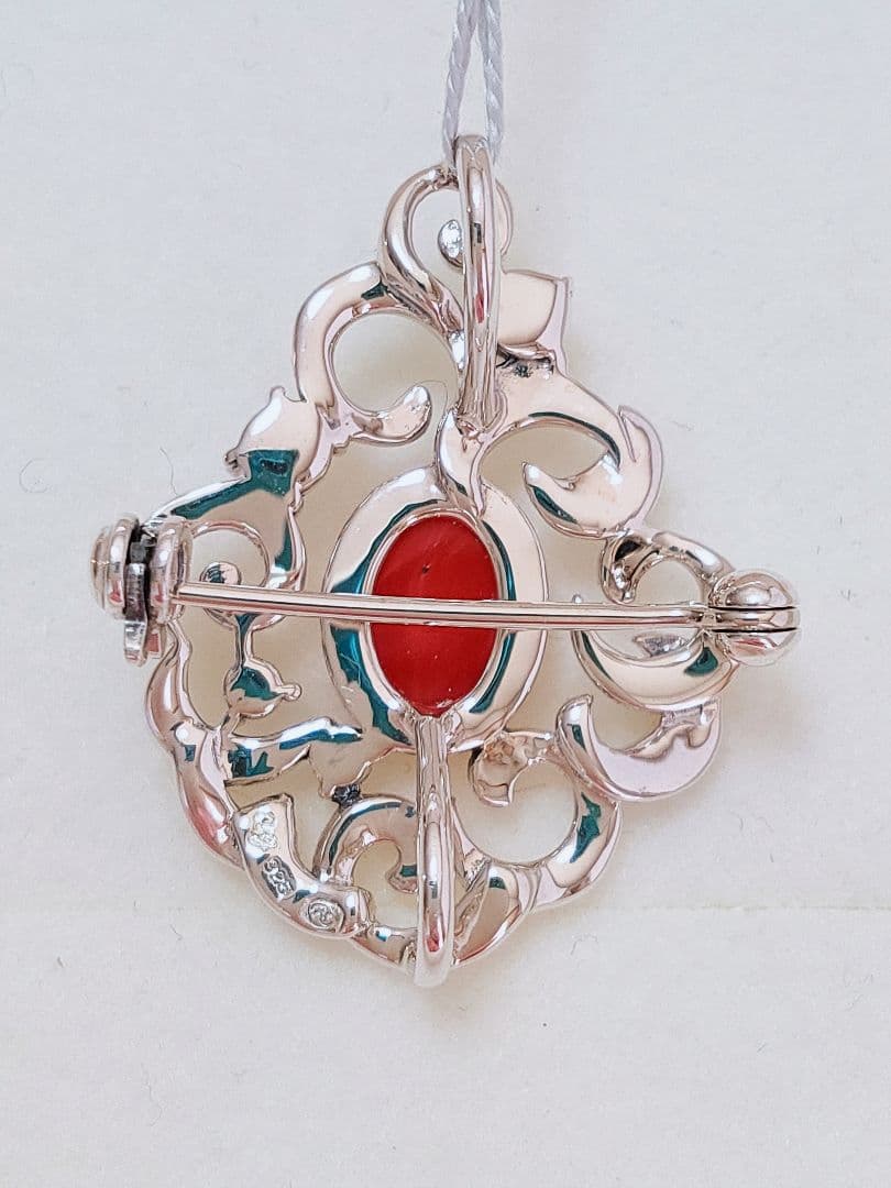 未使用品 碌山 赤珊瑚 シルバー ブローチ 兼 ペンダント