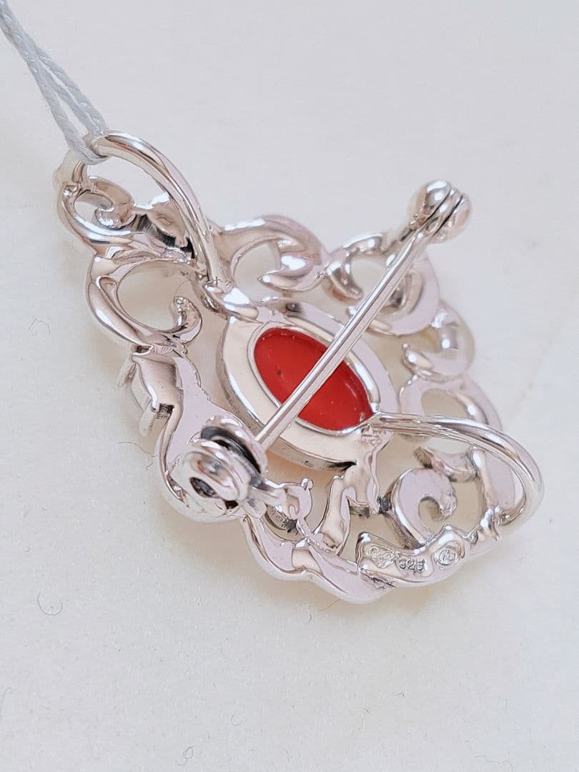 未使用品 碌山 赤珊瑚 シルバー ブローチ 兼 ペンダント