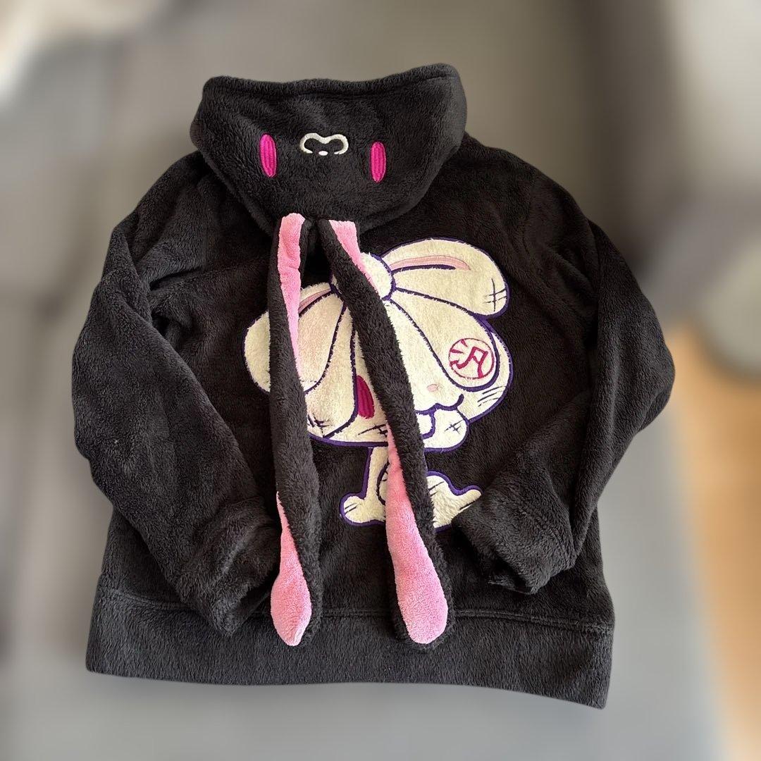 汎用うさぎ　黒　もこもこパーカー　長耳　グルーミー