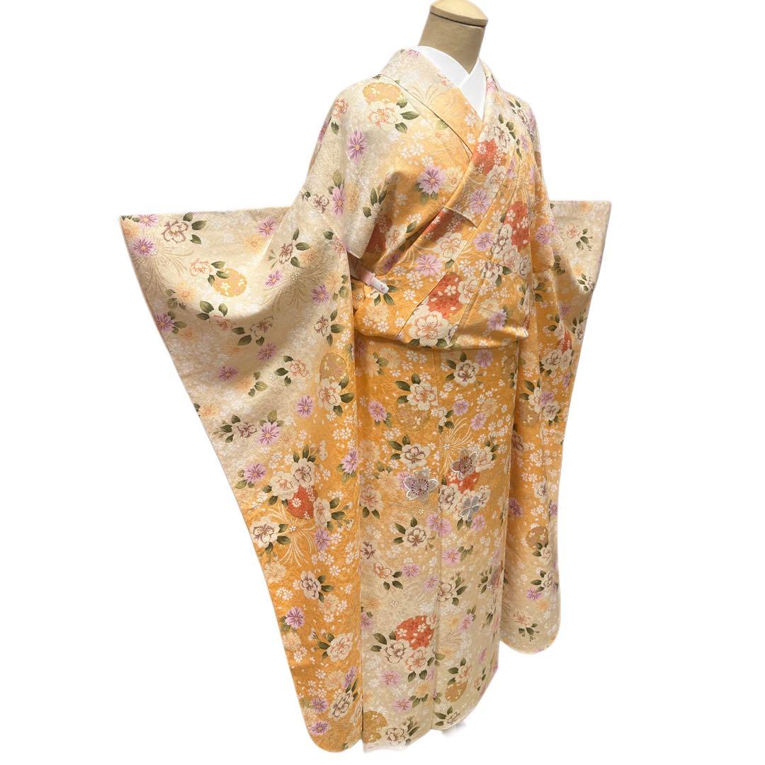 振袖 正絹 オレンジ 総柄 桜 金刺繍 オーロラ刺繍