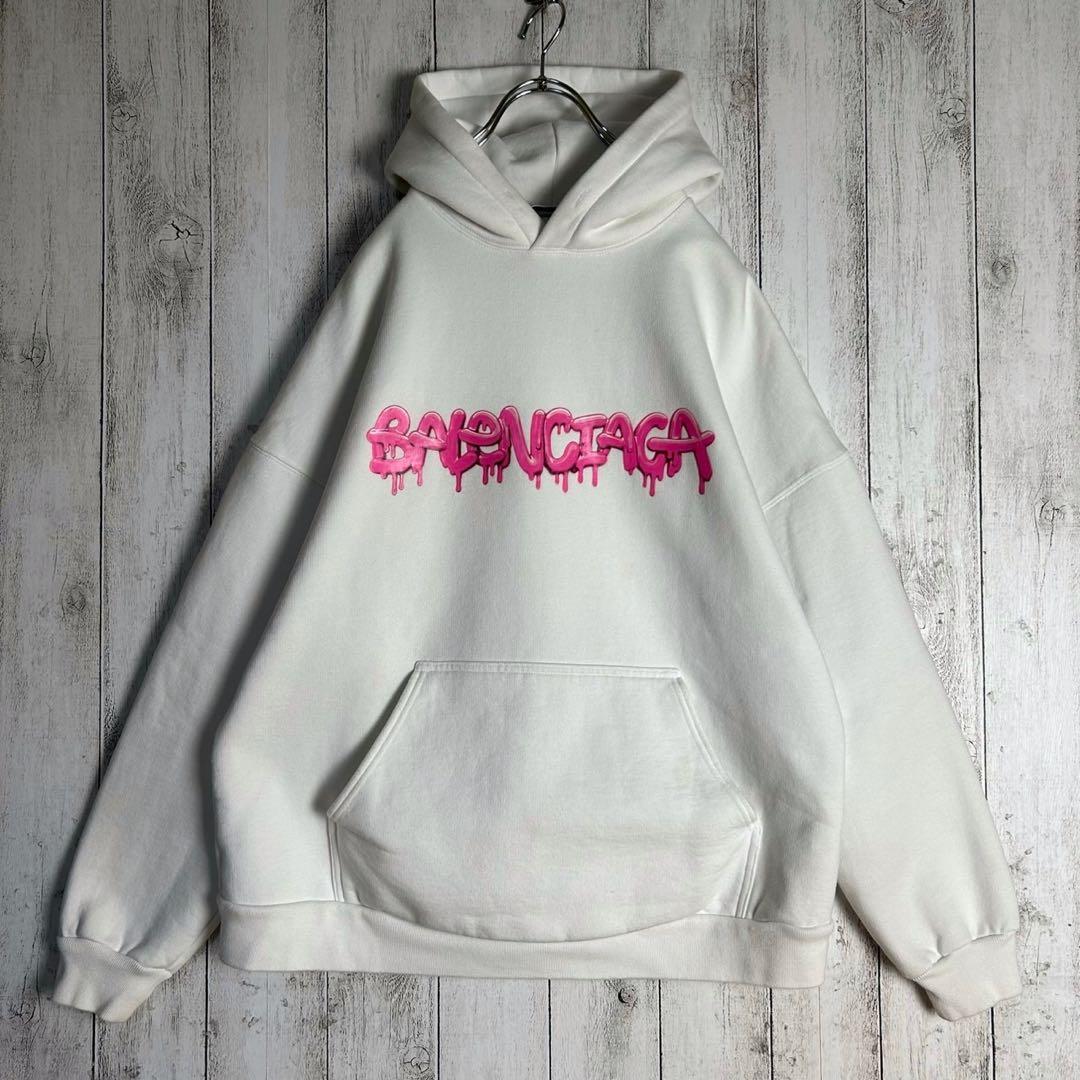 6055【人気デザイン】バレンシアガ‪☆ペンキロゴ入りパーカー 22SS ピンク