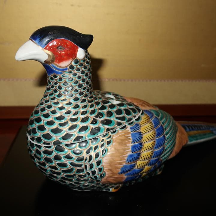 茶道具 インテリ置物　九谷焼　香炉　仁清風色絵金彩 雉子